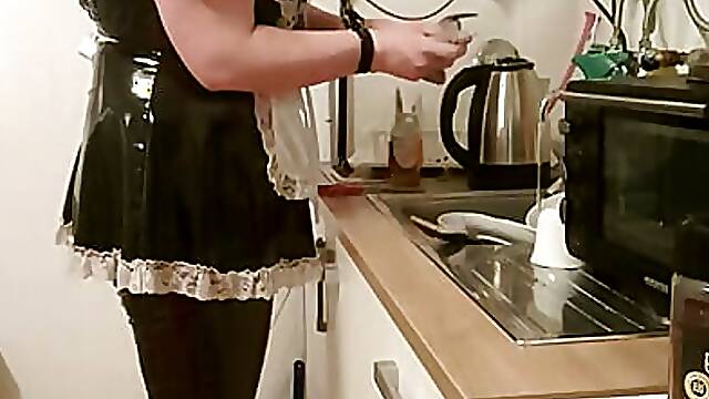Maid Sissy Slave Girl Has To Clean Up Kitchen Of Landlady Because Of Late Rent Payment