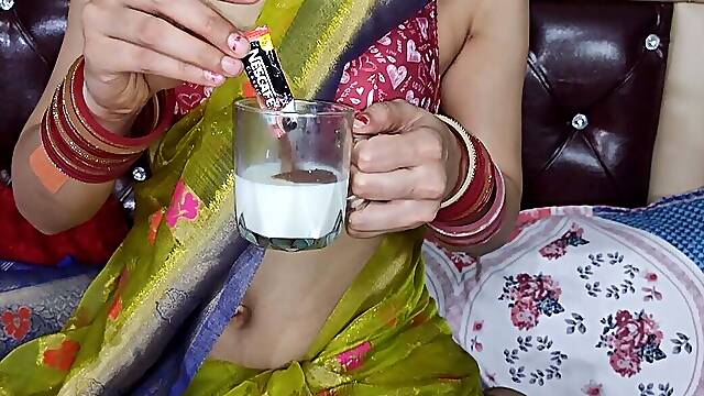 Sexy bhabhi makes yummy coffee from her fresh breast milk for devar by squeezing out her milk in...