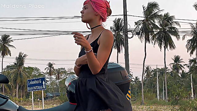 Motorbike girlfriend peeing on the roadside