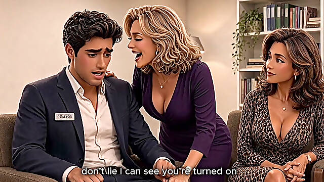 Two Mature Women Fucked Handsome Man. Cartoon AI. Threesome FFM