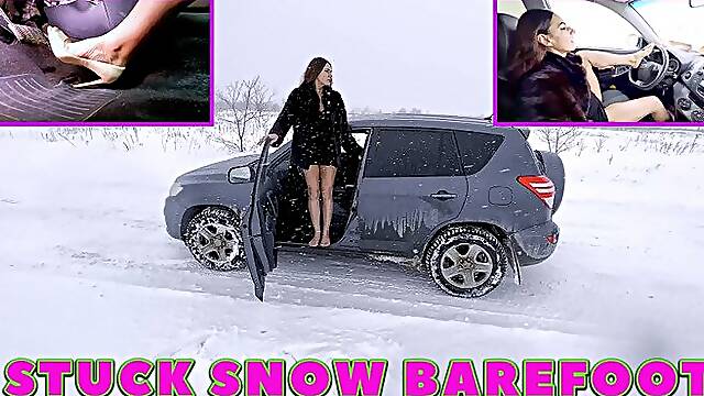 VIKA BAREFOOT IN HIGH HEEL STUCK REVVING DRIVE REVERSE IN SNOW 4K (real video) FULL VIDEO 46 MIN