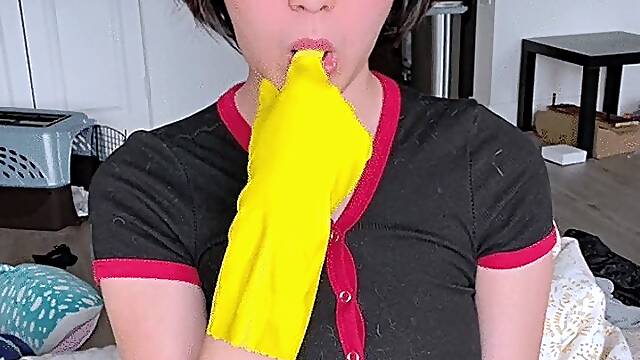 Asian Girl With Big Bush Uses Rubber Gloves