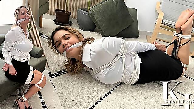 Tied Up Secretary Luana 3 (White Cleavegag, Rope Bondage, High Heels, Skirt, Struggling)