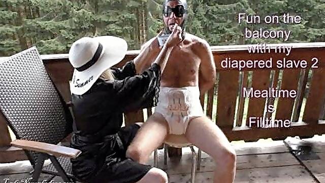 Lady Nymphodora - Fun on the balcony with my diapered Slave 2 - Mealtime Filltime HD