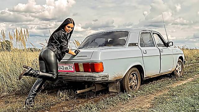 CAR STUCK Stuck in mud in leather clothes