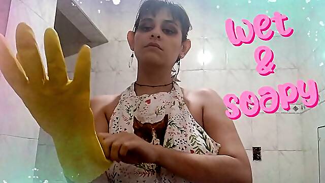Washing Dishes with Rubber Gloves - Wet and Soapy