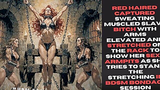 Red haired captured sweating muscled Slave bitch with arms elevated and stretched on the rack to show her sexy armpits as she tries to stand the stretching in bdsm bondage session
