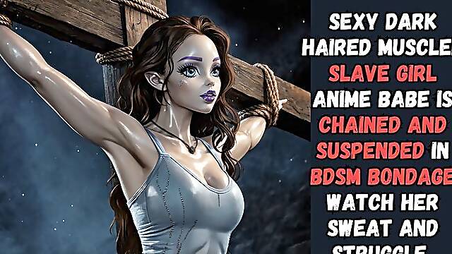 Sexy dark haired muscled slave girl anime babe is chained and suspended in bdsm bondage watch her sweat and struggle
