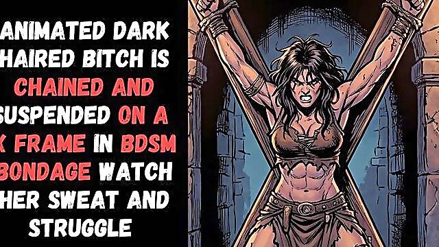 Barbarian comic book bitch is captured and tied to an x frame in BDSM bondage watch her struggle to free herself