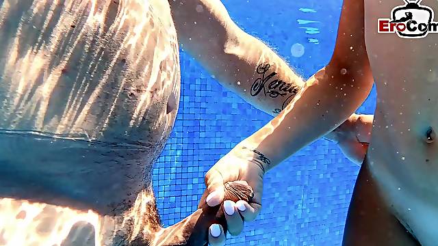 German skinny amateur milf fuck underwater in pool at mallorca POV