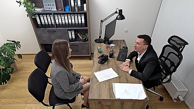 Two cute teens fucked at the casting in an office setting