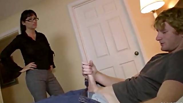 Angie Nior is super mad ad her son so she gives him a blowjob as punishment