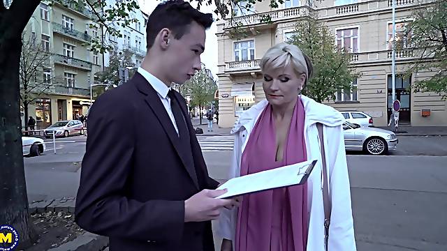 Busty blonde mature Margaux M. picks up a teen guy on the street