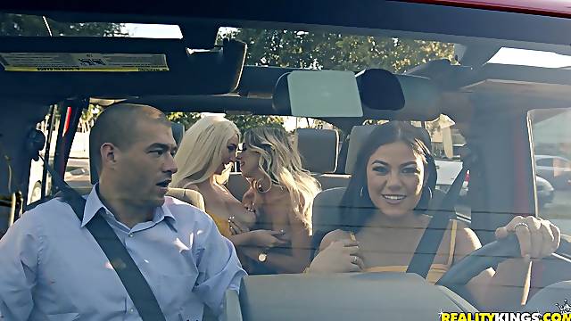 Khloe Kapri, Kendra Spade and Skylar Vox share cock in a Jeep