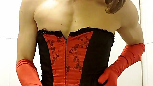 Kinky Brunette showing off her pussy xxx Black Red Corset, stockings, 6 strap suspenders, lace underwear, red opera satin glove