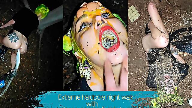 Extreme hardcore night walk with piss, enema, prolapse and dirty humiliation