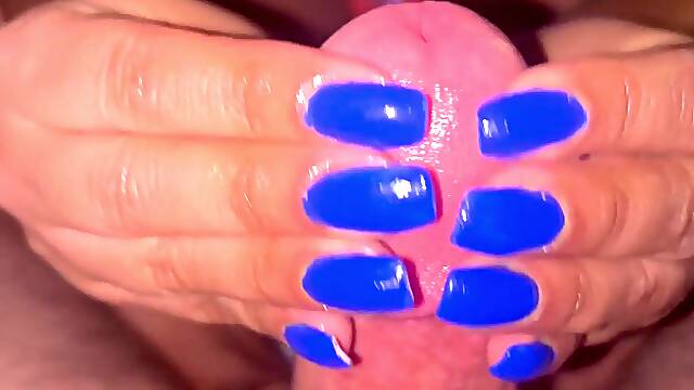 Bright blue nails with a footjob finish