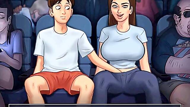 Summertime saga: stepbrother fingers his stepsister in the cinema