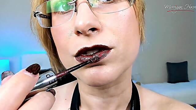 Metallic brown lipstick application and lip tease