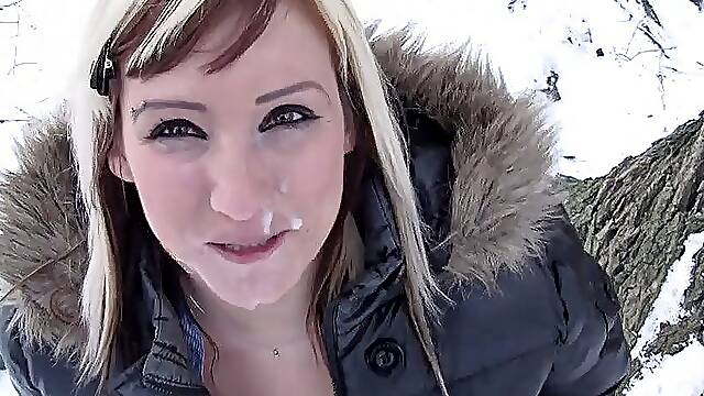 Cute blonde Jessica sucks his hard dick outdoor on the snow
