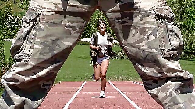 Two stunning brunette babes get fucked by a horny soldier