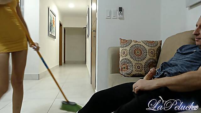 18 Years Old CFNM, Old Man Self Hand Job Watching Young and Sexy Cleaning Lady