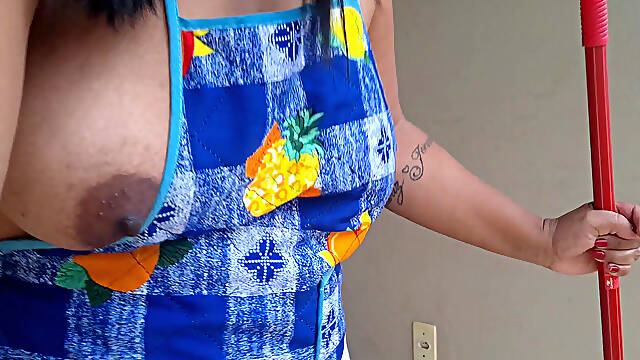 Hotwife Cleaning the Yard in Just an Apron and Slutty Panties