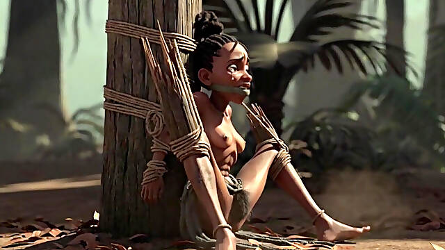 African Girl Bound in Rope Bondage - Hairy Wet Pussy Craving for Cock