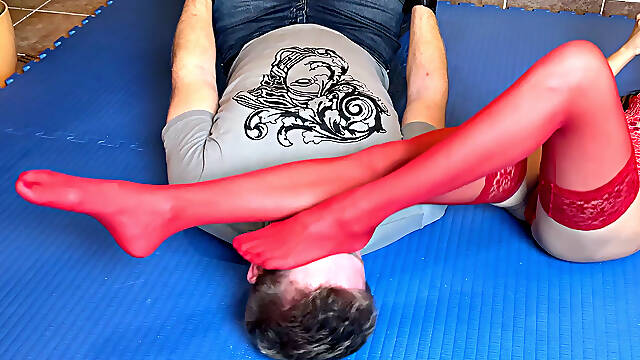 Red Pantyhose Foot Domination